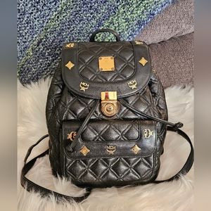 MCM Black Quilted Leather Backpack with Gold Hardware